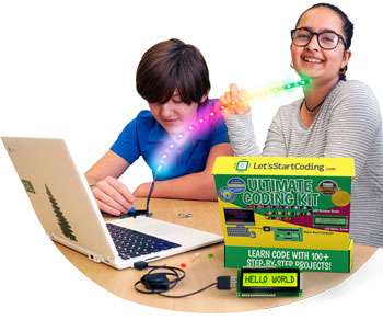 Girl and Boy with LED light strip and Ultimate Coding Kit on Laptop